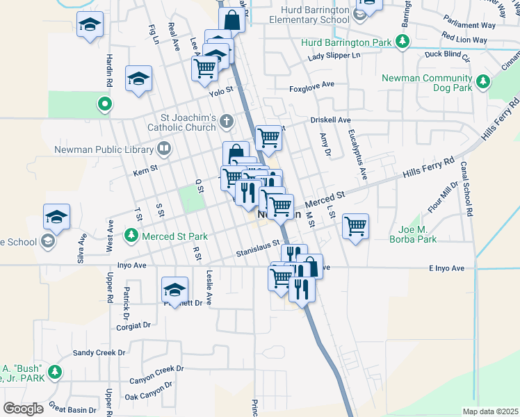 map of restaurants, bars, coffee shops, grocery stores, and more near 1442 Main Street in Newman