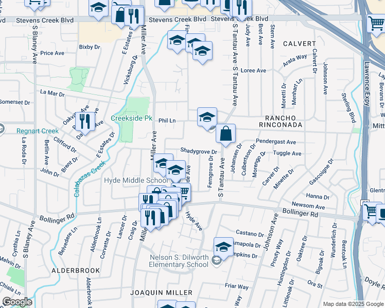 map of restaurants, bars, coffee shops, grocery stores, and more near 852 Hyde Ave in Cupertino
