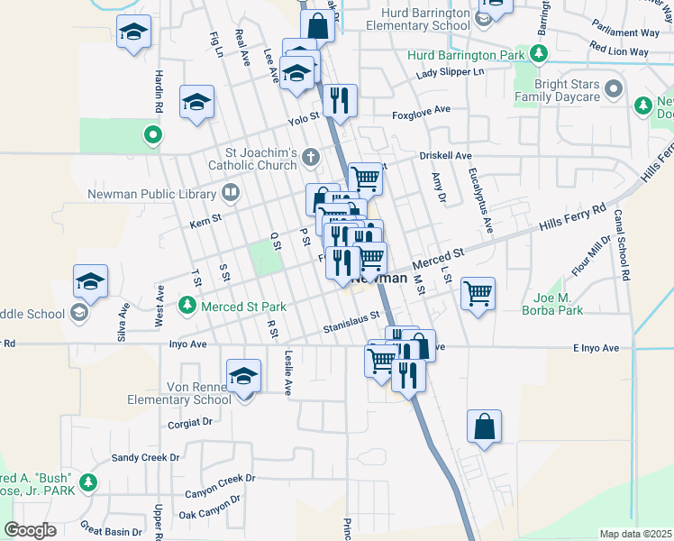 map of restaurants, bars, coffee shops, grocery stores, and more near 1425 Main Street in Newman