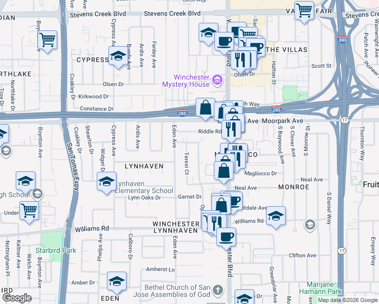 map of restaurants, bars, coffee shops, grocery stores, and more near 742 Teresi Court in San Jose