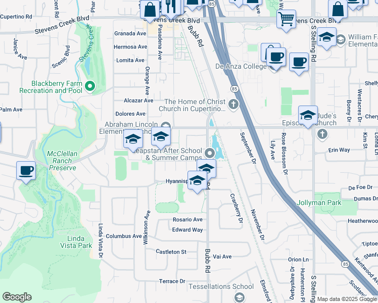 map of restaurants, bars, coffee shops, grocery stores, and more near 8129 Park Villa Circle in Cupertino