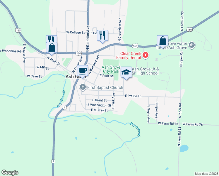 map of restaurants, bars, coffee shops, grocery stores, and more near 408 East Walker Street in Ash Grove
