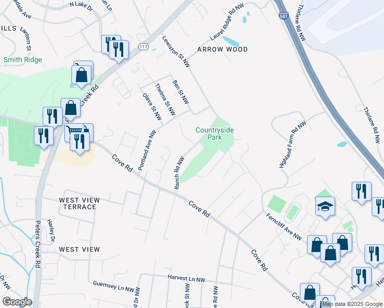 map of restaurants, bars, coffee shops, grocery stores, and more near 2255 Ranch Road Northwest in Roanoke
