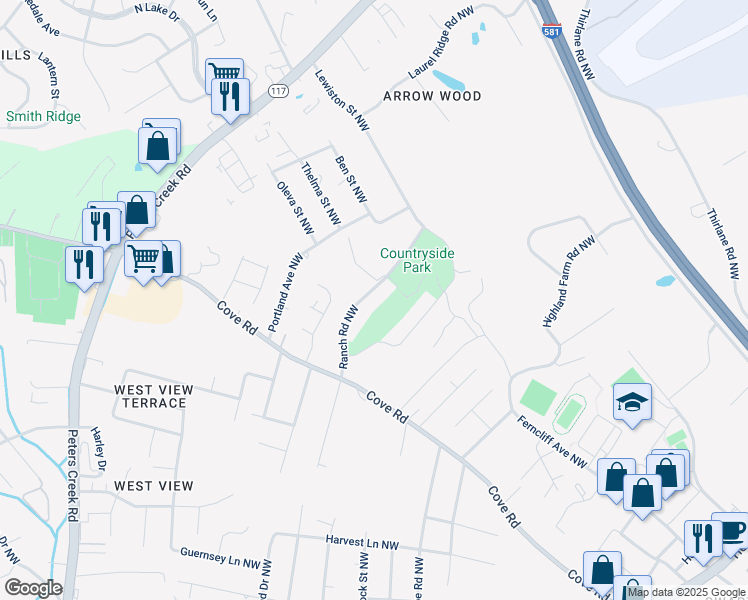 map of restaurants, bars, coffee shops, grocery stores, and more near 2255 Ranch Road Northwest in Roanoke