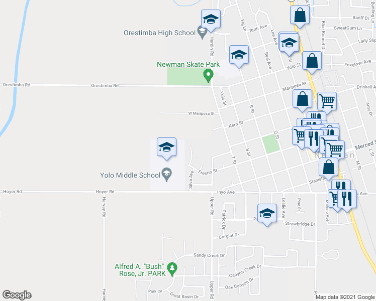map of restaurants, bars, coffee shops, grocery stores, and more near 1317 Tamarack Court in Newman