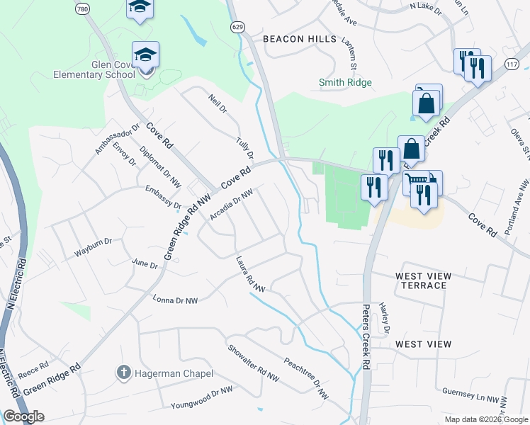 map of restaurants, bars, coffee shops, grocery stores, and more near 2436 Bermuda Road Northwest in Roanoke