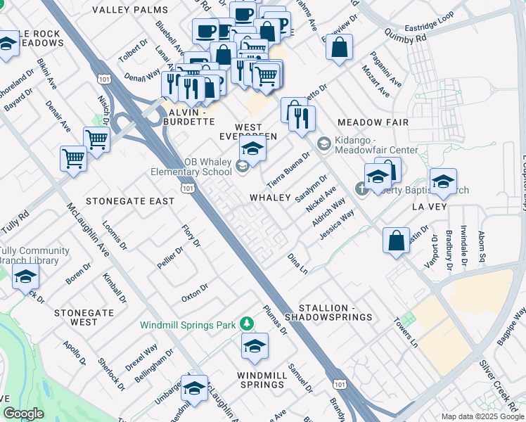 map of restaurants, bars, coffee shops, grocery stores, and more near 2697 Rosalinda Court in San Jose