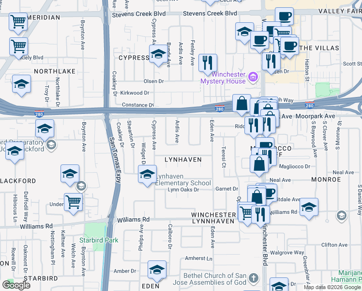 map of restaurants, bars, coffee shops, grocery stores, and more near 694 Ardis Avenue in San Jose
