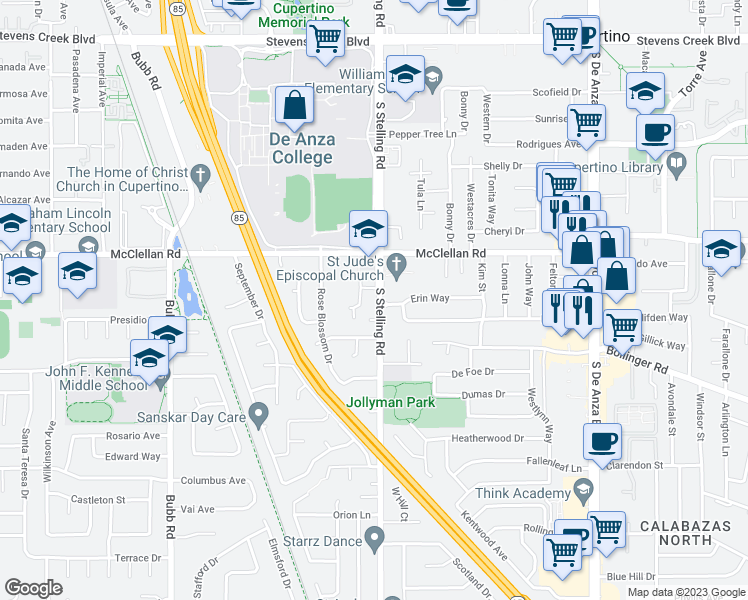 map of restaurants, bars, coffee shops, grocery stores, and more near 10574 White Fir Court in Cupertino
