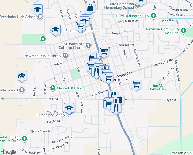 map of restaurants, bars, coffee shops, grocery stores, and more near 1425 Main Street in Newman