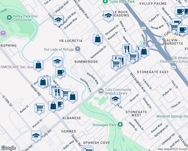 map of restaurants, bars, coffee shops, grocery stores, and more near 2286 Warfield Way in San Jose