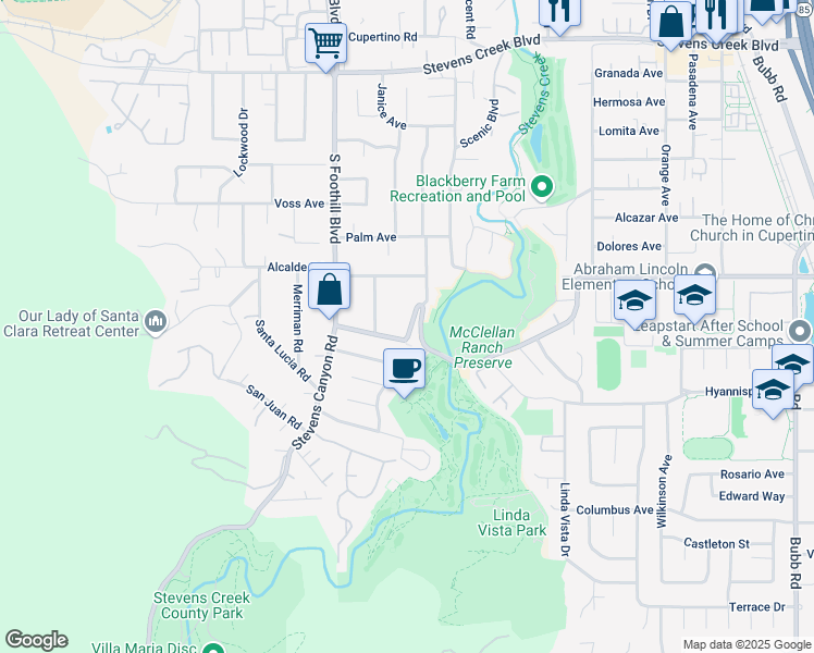 map of restaurants, bars, coffee shops, grocery stores, and more near 22342 McClellan Road in Cupertino