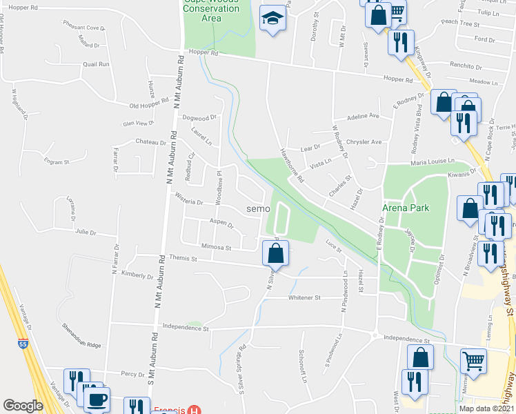 map of restaurants, bars, coffee shops, grocery stores, and more near 609 Sycamore Circle in Cape Girardeau