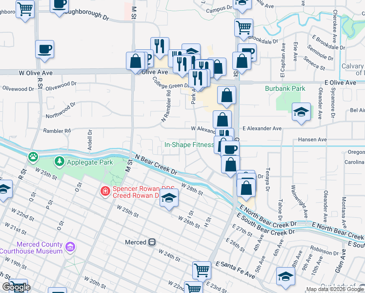 map of restaurants, bars, coffee shops, grocery stores, and more near 2874 Saint Phillip Drive in Merced