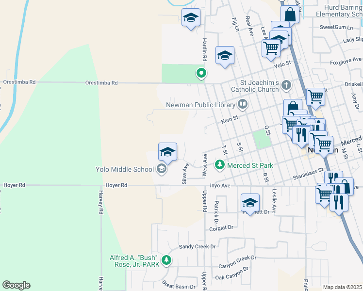 map of restaurants, bars, coffee shops, grocery stores, and more near 1317 Tamarack Court in Newman
