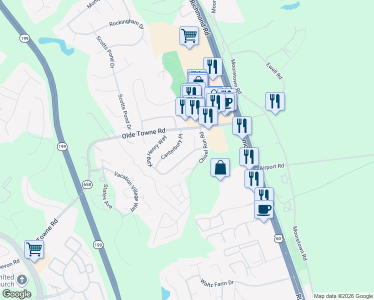map of restaurants, bars, coffee shops, grocery stores, and more near 148 King Henry Way in Williamsburg