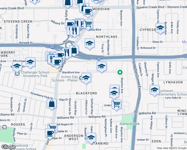 map of restaurants, bars, coffee shops, grocery stores, and more near 4191 Blackford Circle in San Jose
