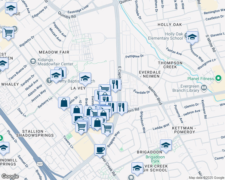 map of restaurants, bars, coffee shops, grocery stores, and more near 3807 Moss Hollow Drive in San Jose