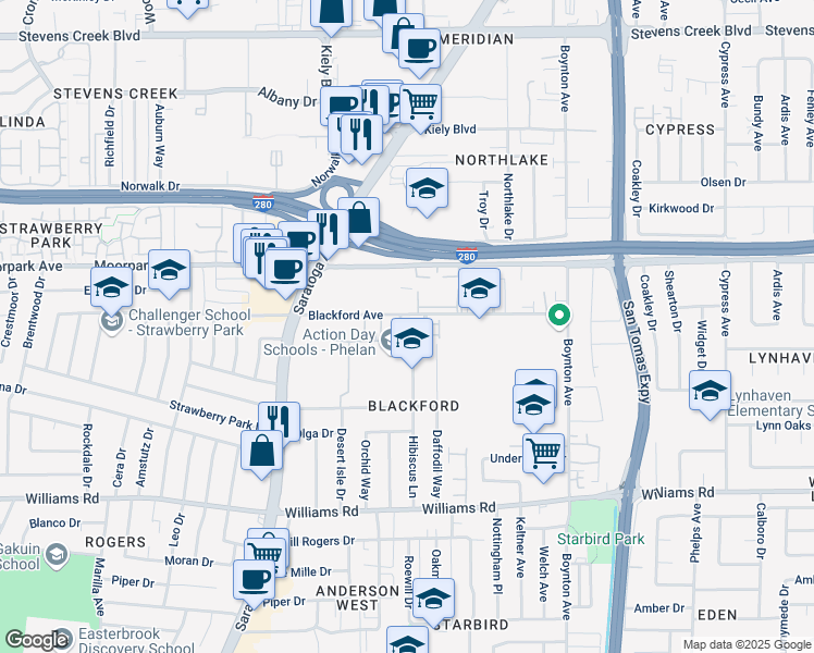 map of restaurants, bars, coffee shops, grocery stores, and more near 4151 Blackford Circle in San Jose