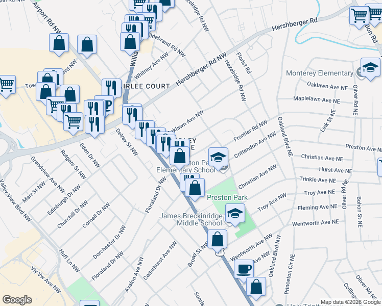 map of restaurants, bars, coffee shops, grocery stores, and more near 3114 Yardley Drive Northwest in Roanoke
