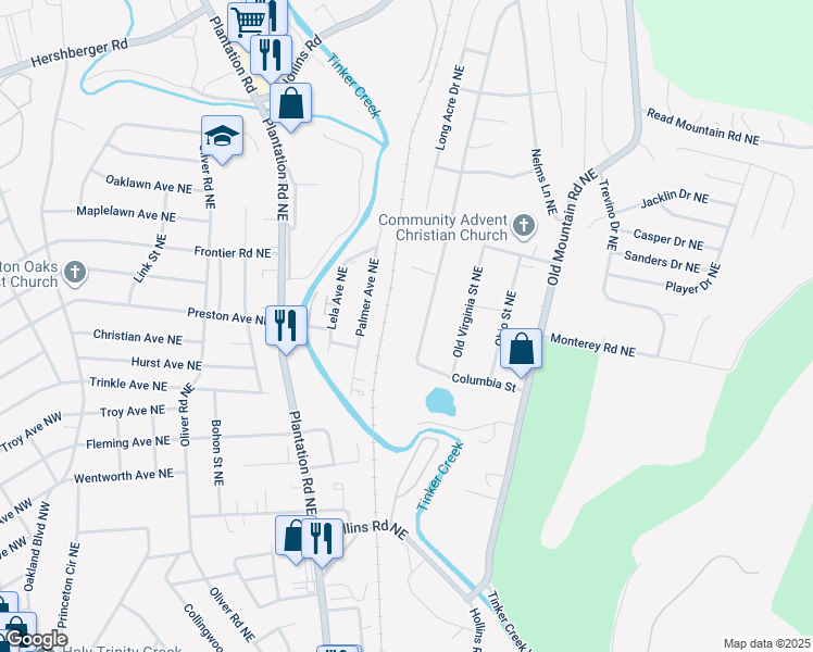 map of restaurants, bars, coffee shops, grocery stores, and more near 4328 Pennsylvania Avenue Northeast in Roanoke