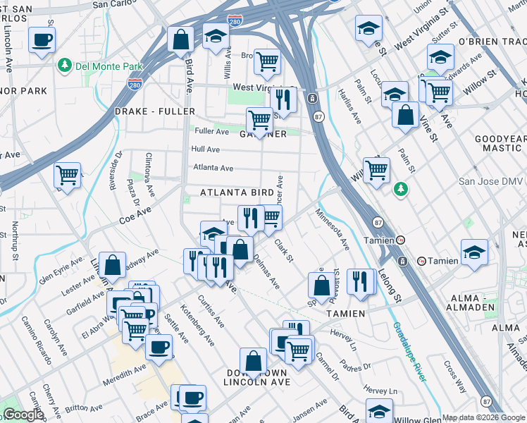 map of restaurants, bars, coffee shops, grocery stores, and more near 1006 Delmas Avenue in San Jose