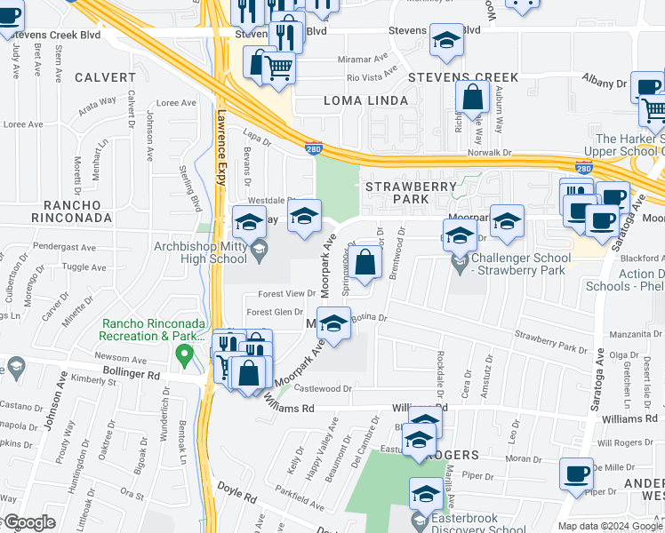 map of restaurants, bars, coffee shops, grocery stores, and more near 4926 Moorpark Avenue in San Jose