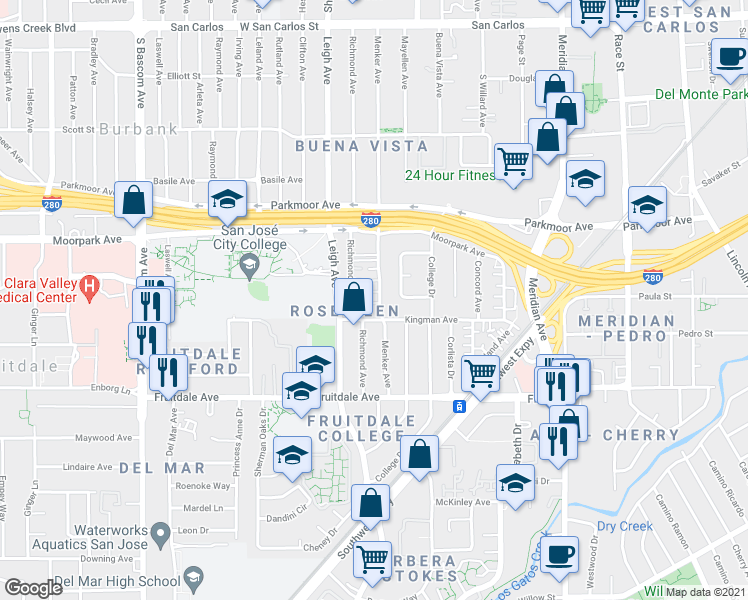 map of restaurants, bars, coffee shops, grocery stores, and more near 723 Menker Avenue in San Jose