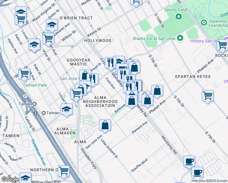 map of restaurants, bars, coffee shops, grocery stores, and more near 1487 Ford Avenue in San Jose