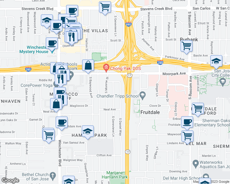 map of restaurants, bars, coffee shops, grocery stores, and more near 728 South Genevieve Lane in San Jose