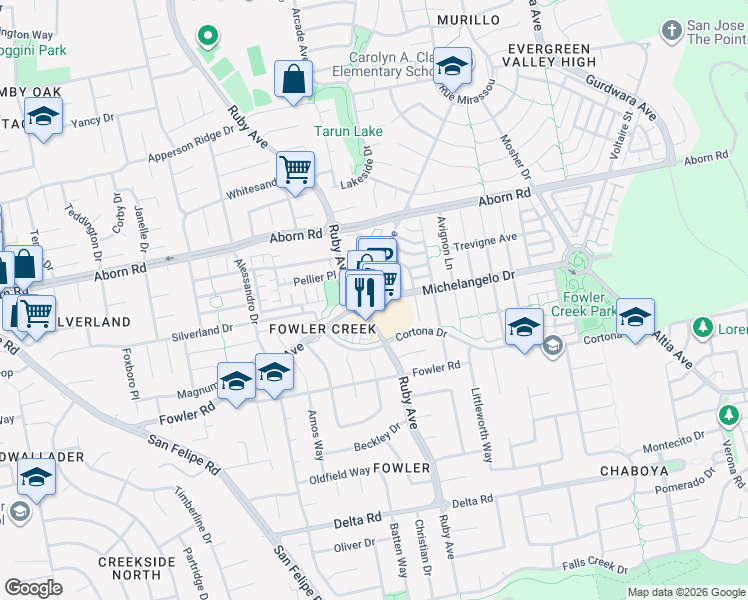 map of restaurants, bars, coffee shops, grocery stores, and more near 4055 Evergreen Village Square in San Jose