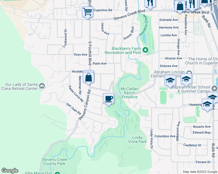 map of restaurants, bars, coffee shops, grocery stores, and more near 22342 McClellan Road in Cupertino