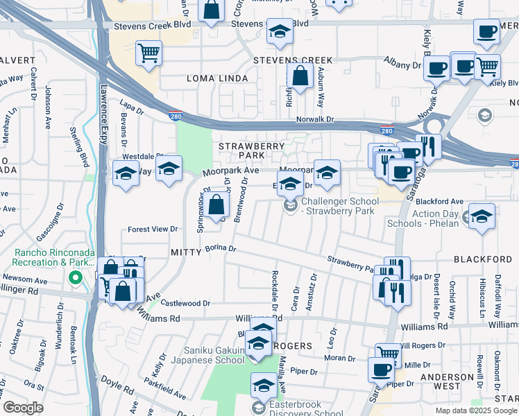 map of restaurants, bars, coffee shops, grocery stores, and more near 722 Live Oak Way in San Jose
