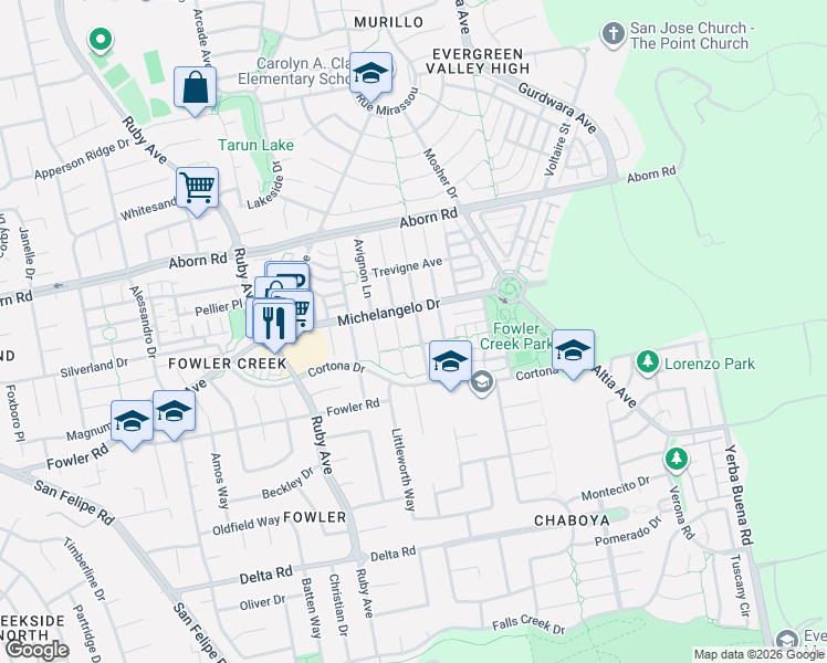 map of restaurants, bars, coffee shops, grocery stores, and more near 4025 Bouquet Park Lane in San Jose