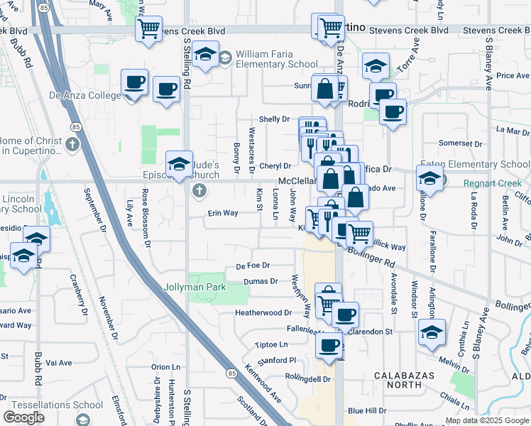 map of restaurants, bars, coffee shops, grocery stores, and more near 864 Kim Street in Cupertino