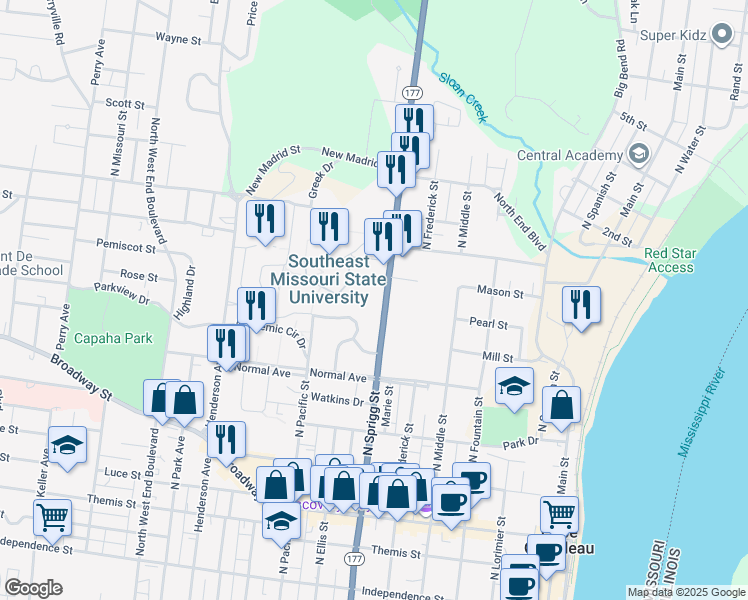 map of restaurants, bars, coffee shops, grocery stores, and more near 717 North Sprigg Street in Cape Girardeau