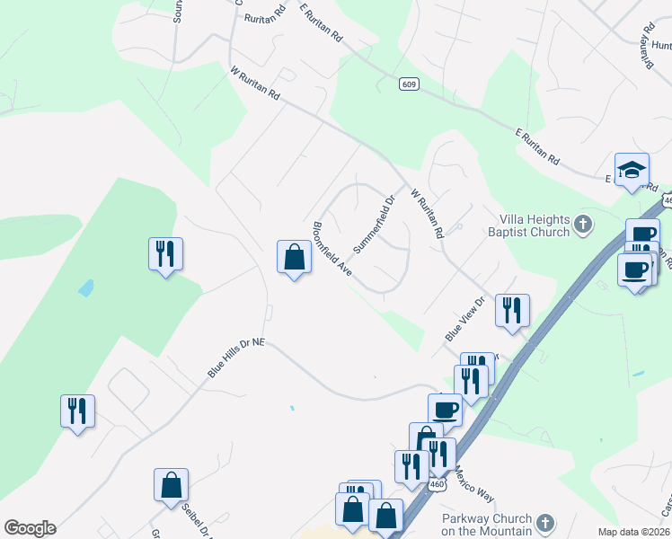 map of restaurants, bars, coffee shops, grocery stores, and more near 2165 Bloomfield Avenue in Roanoke