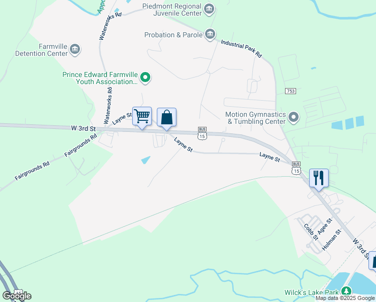 map of restaurants, bars, coffee shops, grocery stores, and more near 2509 Layne Street in Farmville