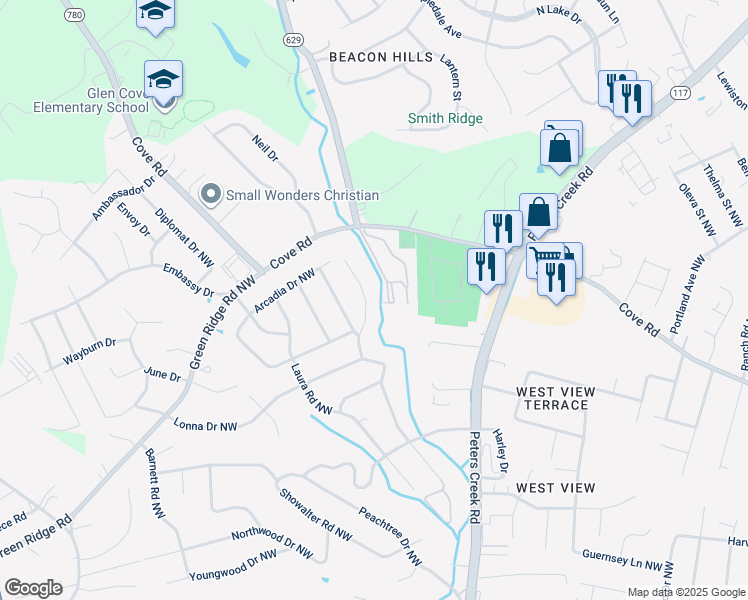 map of restaurants, bars, coffee shops, grocery stores, and more near 2423 Meadowbrook Road Northwest in Roanoke