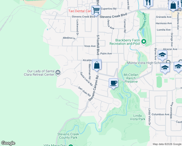 map of restaurants, bars, coffee shops, grocery stores, and more near 10636 Merriman Road in Cupertino