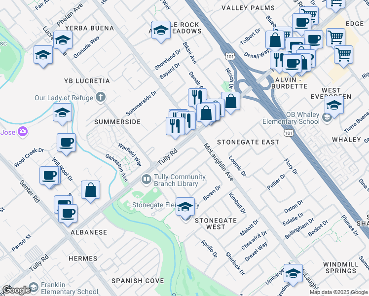 map of restaurants, bars, coffee shops, grocery stores, and more near 1101 Saddlewood Dr in San Jose