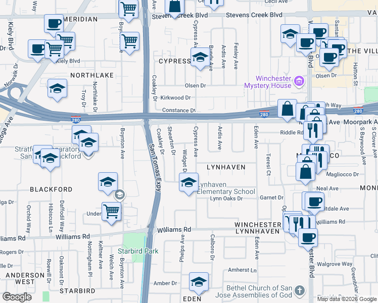 map of restaurants, bars, coffee shops, grocery stores, and more near 734 Widget Drive in San Jose