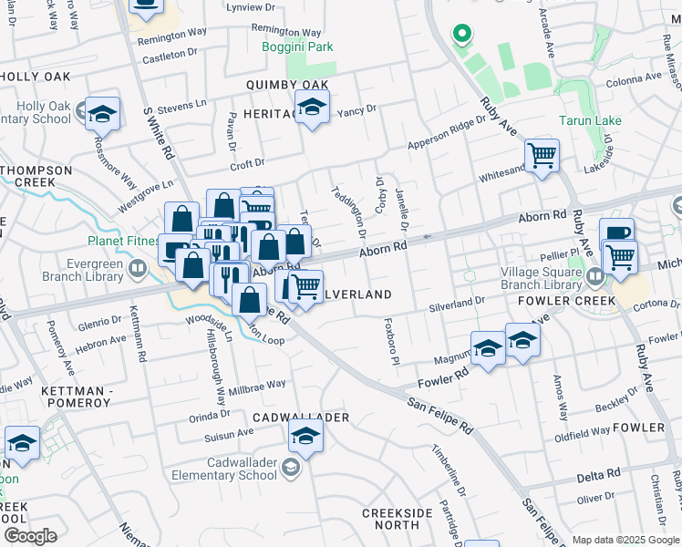 map of restaurants, bars, coffee shops, grocery stores, and more near 3221 Brownhill Court in San Jose