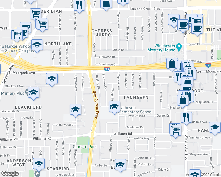 map of restaurants, bars, coffee shops, grocery stores, and more near 734 Widget Drive in San Jose