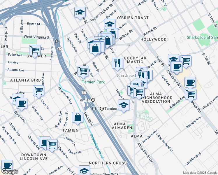 map of restaurants, bars, coffee shops, grocery stores, and more near 1222 Palm Street in San Jose