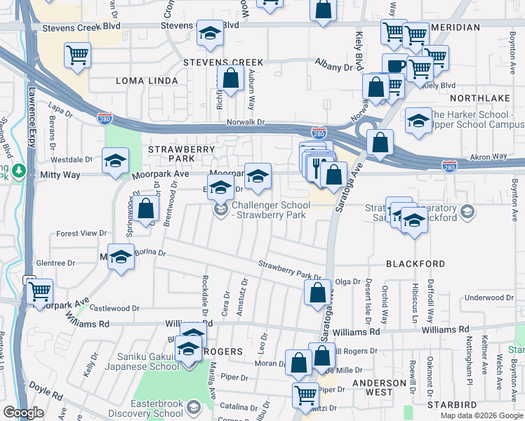 map of restaurants, bars, coffee shops, grocery stores, and more near 716 Rockwood Drive in San Jose