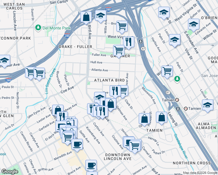 map of restaurants, bars, coffee shops, grocery stores, and more near 462 Marshall Avenue in San Jose