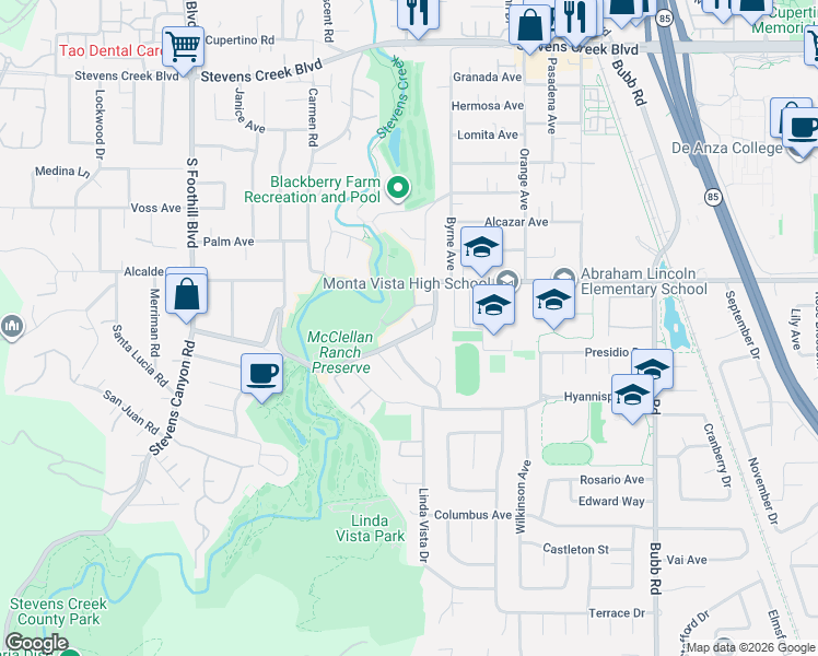 map of restaurants, bars, coffee shops, grocery stores, and more near 22000 McClellan Road in Cupertino