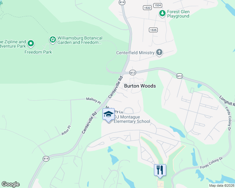 map of restaurants, bars, coffee shops, grocery stores, and more near 3804 War Hill Green in Williamsburg