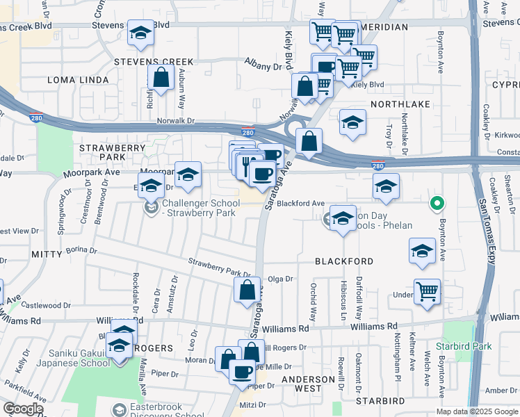 map of restaurants, bars, coffee shops, grocery stores, and more near 715 Saratoga Avenue in San Jose